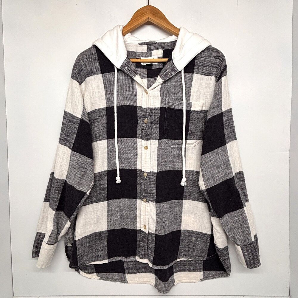 American Eagle Hooded Flannel Buffalo Plaid Shacket Hooded White Black Men's Med